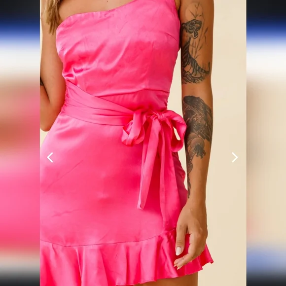 SELFIE LESLIE DON'T WAIT UP ONE SHOULDER WAIST TIE DRESS HOT PINK - Picture 4 of 12